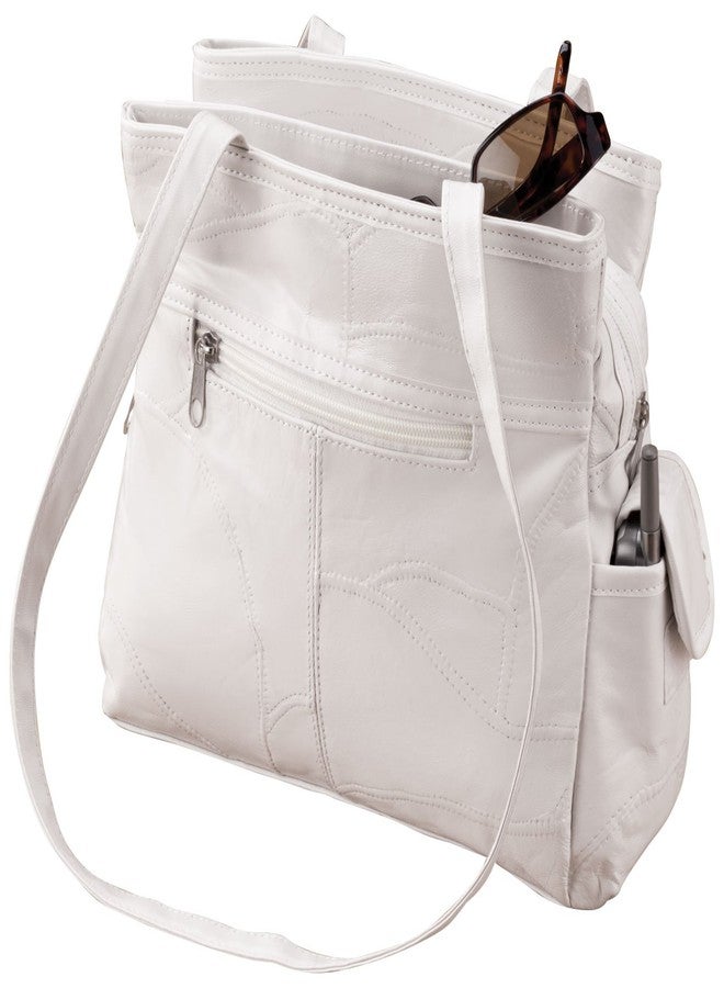 WalterDrake Womens Leather Handbag with Double Shoulder Straps, 3 Interior Pockets & 4 Exterior Pockets, White - Image 1