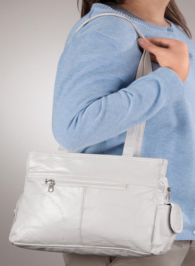 WalterDrake Womens Leather Handbag with Double Shoulder Straps, 3 Interior Pockets & 4 Exterior Pockets, White - Image 2