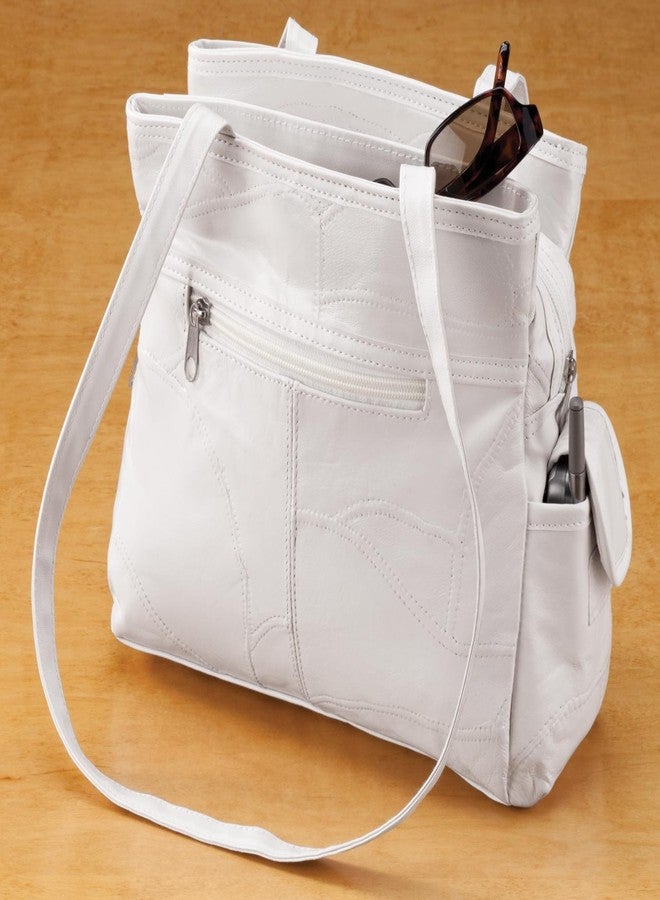 WalterDrake Womens Leather Handbag with Double Shoulder Straps, 3 Interior Pockets & 4 Exterior Pockets, White - Image 3