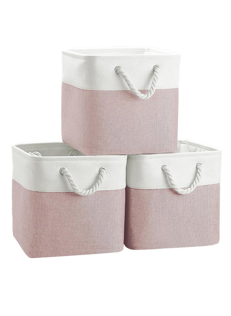 Uwals 28X28CM Cube Storage Bins, 3 Pack Collapsible Fabric Storage Bin with Ropes, Foldable Storage Cubes for Home, Office,Closet, Clothes, Toys Organizer (White & Pink-11"x11"x11")  - Image 1