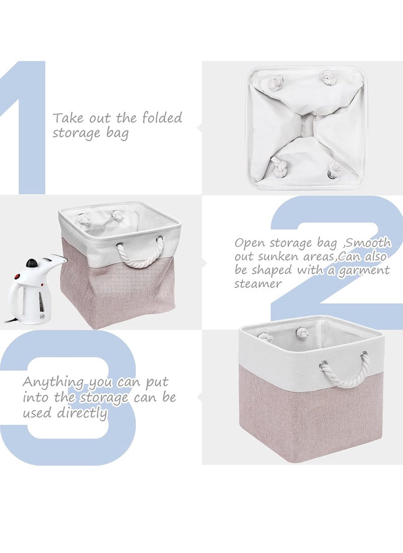 Uwals 28X28CM Cube Storage Bins, 3 Pack Collapsible Fabric Storage Bin with Ropes, Foldable Storage Cubes for Home, Office,Closet, Clothes, Toys Organizer (White & Pink-11"x11"x11")  - Image 3