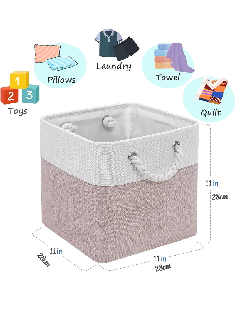 Uwals 28X28CM Cube Storage Bins, 3 Pack Collapsible Fabric Storage Bin with Ropes, Foldable Storage Cubes for Home, Office,Closet, Clothes, Toys Organizer (White & Pink-11"x11"x11")  - Image 4