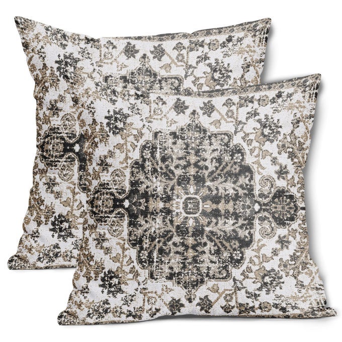 BLACK WHITE GREY ETHNIC BOHO THROW PILLOW COVERS 18X18 INCHES SET OF 2 BOHEMIAN CARPET VINTAGE PILLOW CASES BLACK GRAY FLORAL RUG PILLOW COVER FARMHOUSE HOME DECOR FOR ROOM COUCH PATIO PORCH OUTDOOR