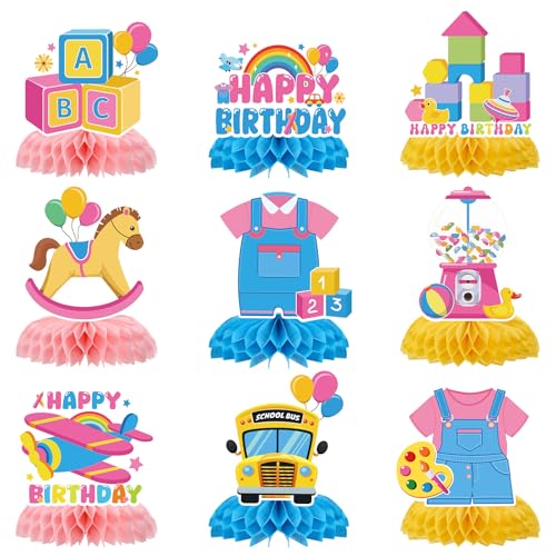 Aposwow Rachell Teacher Party Decorations 9Pcs Cartoon English Teachers Honeycomb Centerpieces Rachel Girls Rainbow ABC Bus Table Decorations for Cartoon Teacher Fans Birthday Baby Shower Classroom Decor - Image 1