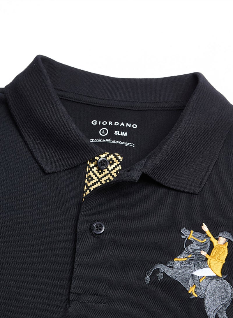 GIORDANO تي شيرت بولو قطن ضيق للرجال مع تطريز نابليون - Image 3
