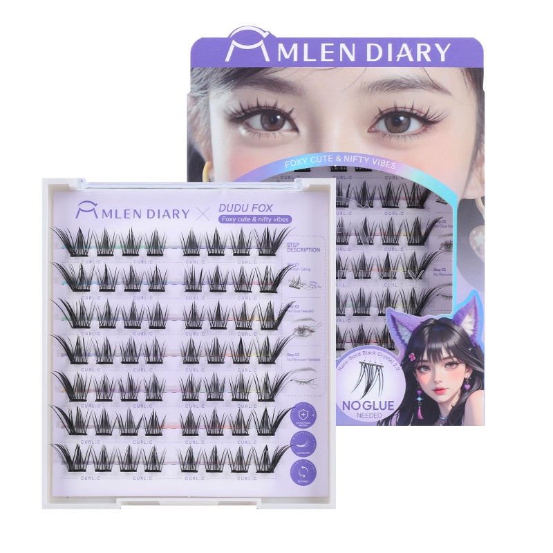 MLEN DIARY Self Adhesive Lash Clusters DIY Eyelash Extensions C Curl Natural 56Pcs Pre-Glued Cluster Lashes 11.5-13MM No Glue Individual Lashes Self Application at Home(Dudu Fox) - Image 1