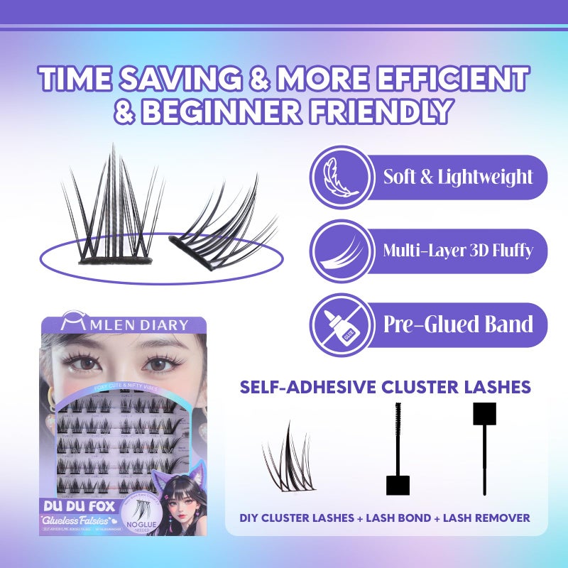 MLEN DIARY Self Adhesive Lash Clusters DIY Eyelash Extensions C Curl Natural 56Pcs Pre-Glued Cluster Lashes 11.5-13MM No Glue Individual Lashes Self Application at Home(Dudu Fox) - Image 2