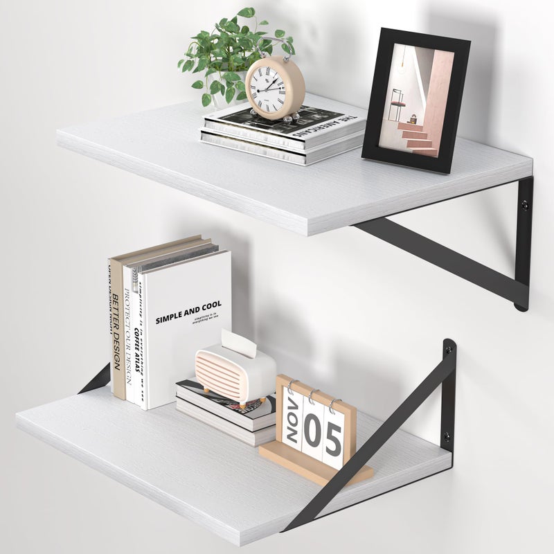 Heimlove White Deep Floating Shelves for Wall, 16W x 12D Wood Wall Shelves Set of 2, Wide Floating Bookshelf for Living Room, Kitchen, Office, Bedroom and Decor Storage, with Black Bracket - White - Image 1