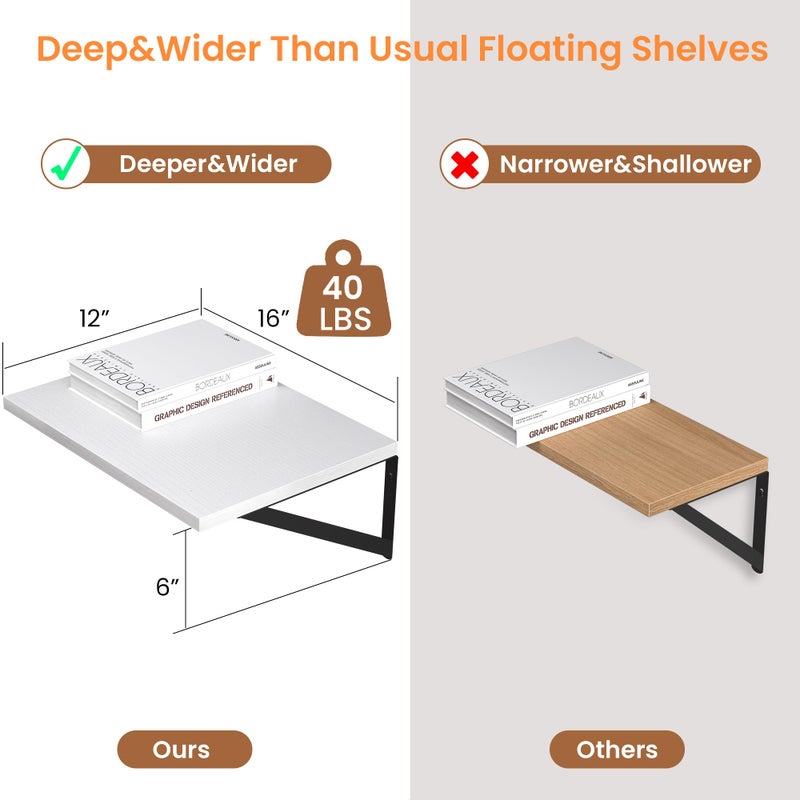 Heimlove White Deep Floating Shelves for Wall, 16W x 12D Wood Wall Shelves Set of 2, Wide Floating Bookshelf for Living Room, Kitchen, Office, Bedroom and Decor Storage, with Black Bracket - White - Image 2