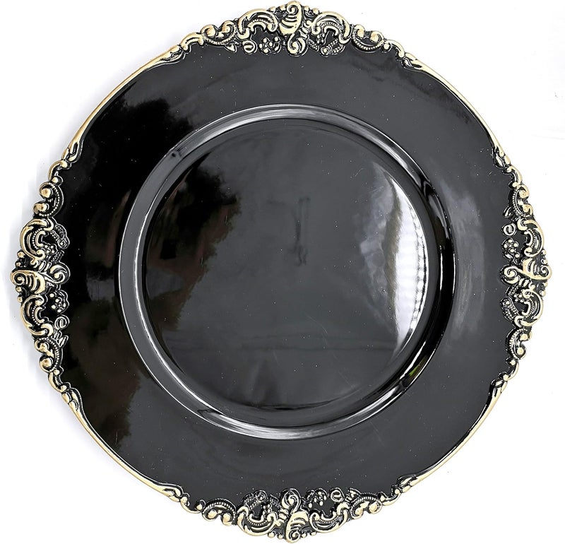 allgala 13Inch 6Pack Heavy Quality Round Charger PlatesFloral Black Gold TrimHD80343 - Image 1