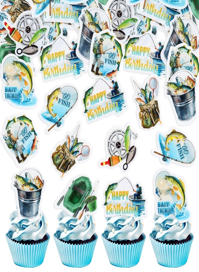Ercadio 40 Edible Fishing Cupcake Toppers Picks Fishing Birthday Party Cake Decorations for Kids Boys Gone Fish Cake Drink Toppers Baby Shower Party Summer Outdoor Fishing Party Cake Decor - Image 1