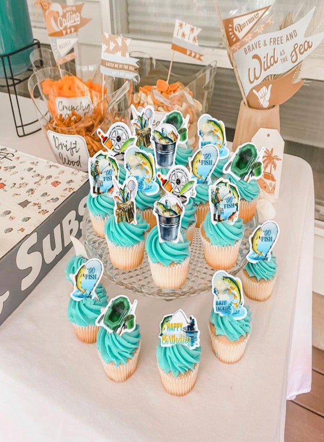 Ercadio 40 Edible Fishing Cupcake Toppers Picks Fishing Birthday Party Cake Decorations for Kids Boys Gone Fish Cake Drink Toppers Baby Shower Party Summer Outdoor Fishing Party Cake Decor - Image 3