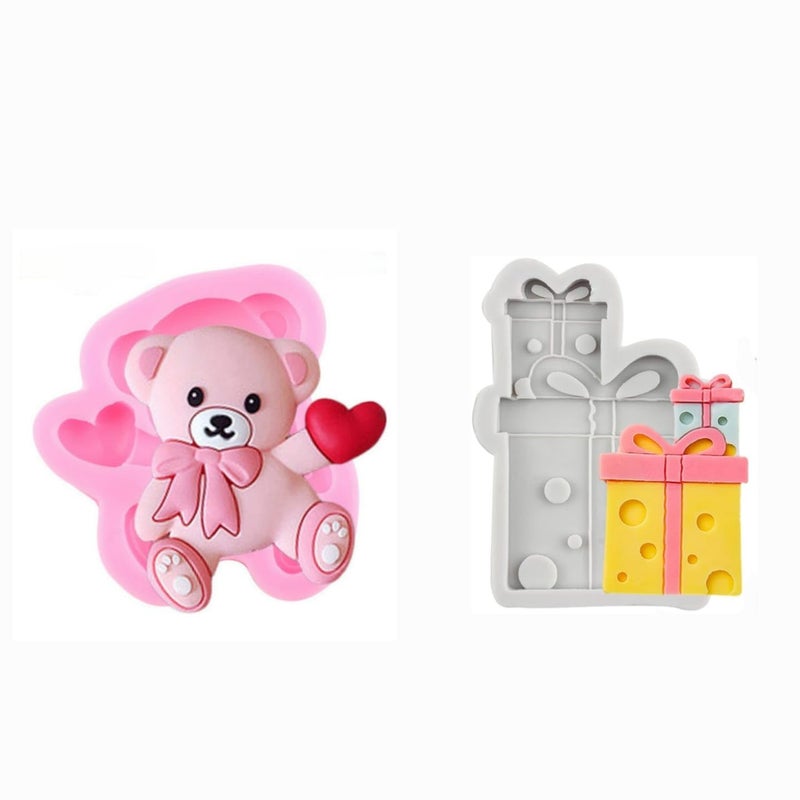 HUSAINI MART Bear Heart Silicone Gift Box Shape Silicone Mould Sugarcraft Mold Resin Tools Chocolate Christmas Present Box Mold Cake Decoration Gummy Jelly Sugar Craft Gum Paste Cookie Pack of 2