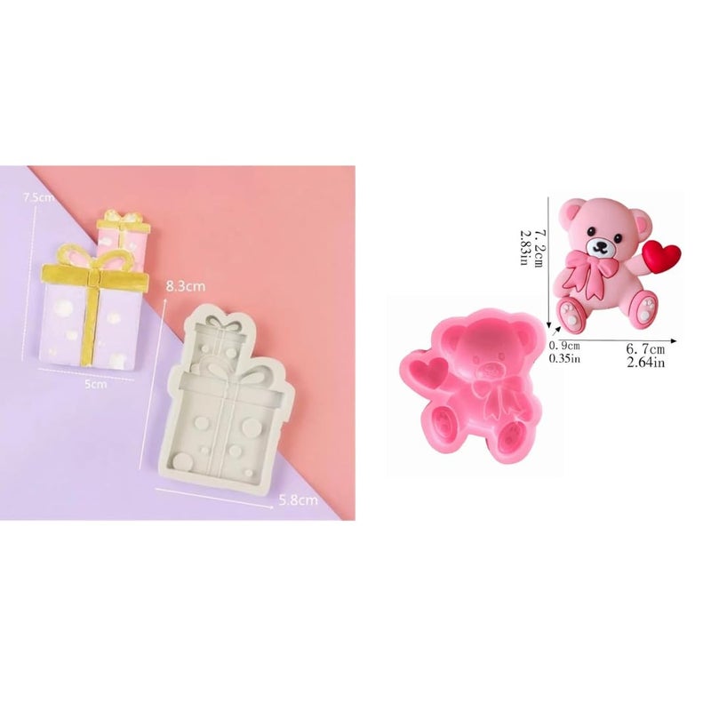 HUSAINI MART Bear Heart Silicone Gift Box Shape Silicone Mould Sugarcraft Mold Resin Tools Chocolate Christmas Present Box Mold Cake Decoration Gummy Jelly Sugar Craft Gum Paste Cookie Pack of 2