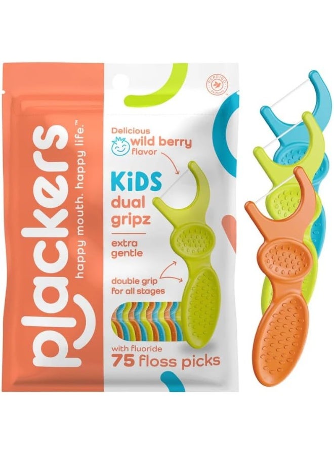 Plackers, Kid's Dual Gripz, Dental Flossers with Fluoride, Fruit Smoothie Swirl, 75 Count - Image 1