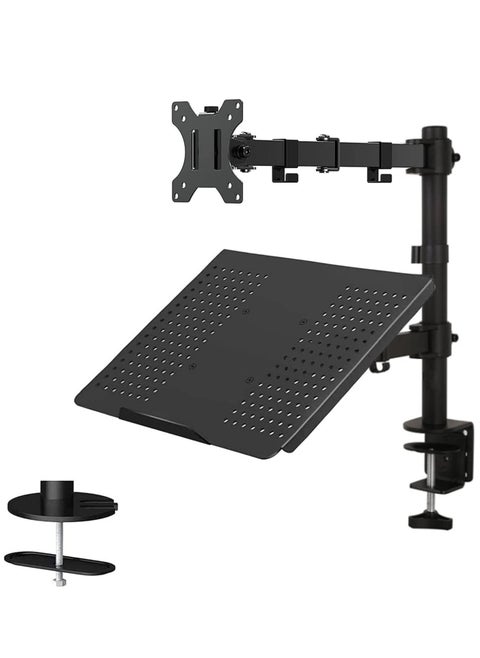 Laptop Monitor Mount Stand with Keyboard Tray, Adjustable Notebook Desk Mount with Clamp and Grommet Mounting Base for 33 to 68cm LCD Computer Screens Up to 10kg, Notebook up to 40cm