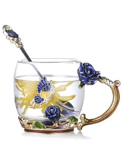 Aomeius Enamels Butterfly flower Lead-free Glass Coffee Mugs Tea Cup with Steel Spoon, personalised Gifts For Women Wife Mom Friends Birthday Mothers Day Wedding  - Image 1