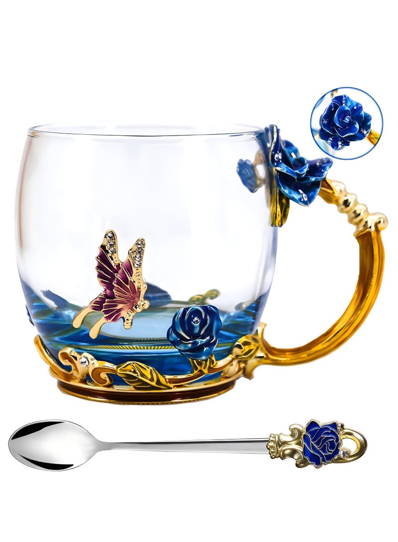 Aomeius Enamels Butterfly flower Lead-free Glass Coffee Mugs Tea Cup with Steel Spoon, personalised Gifts For Women Wife Mom Friends Birthday Mothers Day Wedding  - Image 4