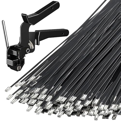 YEAZHEN 200PCS HeavyDuty Metal Zip Ties with Cable Tie Gun for Fastening and Cutting 118 Inch UVResistant Black Stainless Steel Ties for Fence Pipe Exhaust Vehicle Farm Use - Image 1