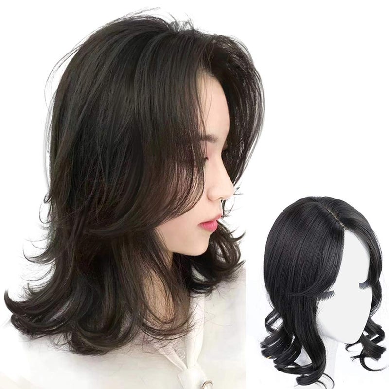 Middle Part Fringe Skin Base Topper 14 French Wavy Style Clip in Hairpiece for Women Forehead Thinning Hair Off Black