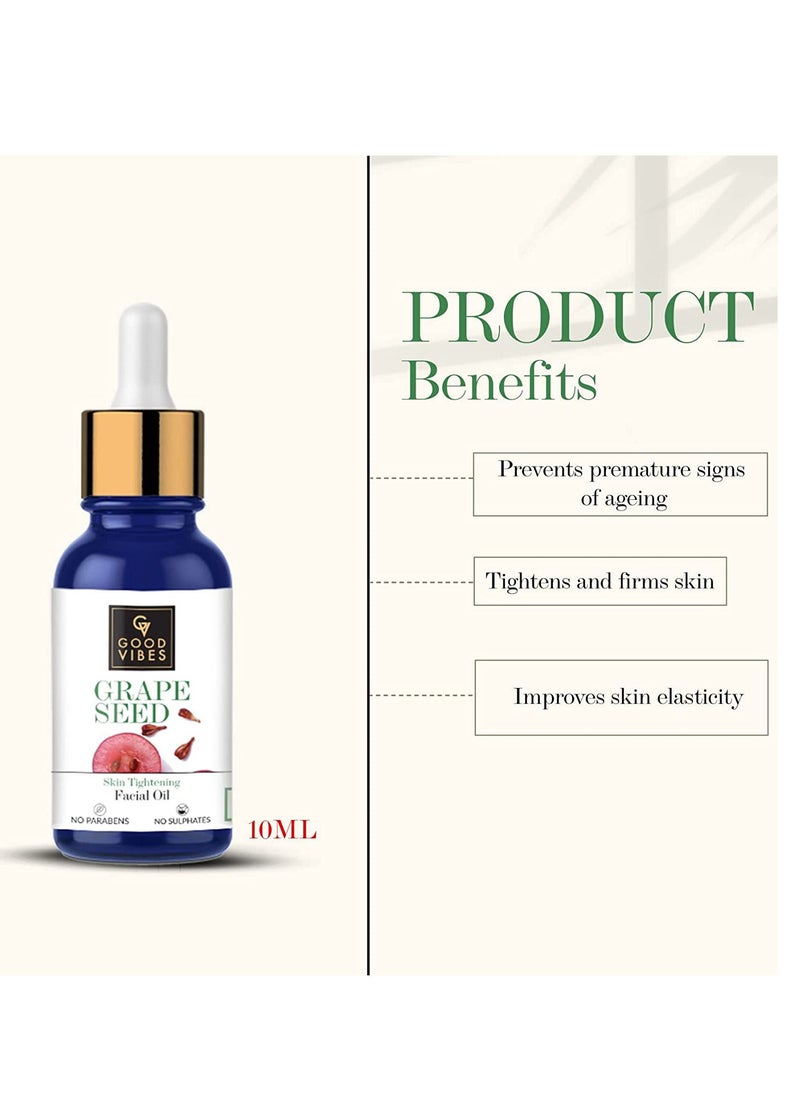 Good Vibes - Good Vibes Grape Seed Skin Tightening Facial Oil, 10 ml | Lightweight Hydrating Glowing Anti-Ageing Formula For All Skin Types | Helps Reduce Blemishes & Fine Lines | No Parabens & Sulphates - Image 1