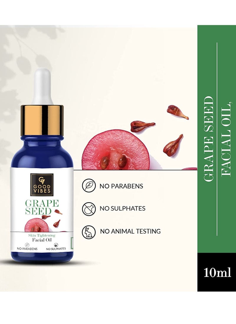 Good Vibes - Good Vibes Grape Seed Skin Tightening Facial Oil, 10 ml | Lightweight Hydrating Glowing Anti-Ageing Formula For All Skin Types | Helps Reduce Blemishes & Fine Lines | No Parabens & Sulphates - Image 1