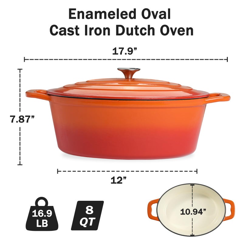 NSIRONS Enameled Oval Dutch Oven Pot with Lid, 8 QT Cast Iron Dutch Oven with Dual Handles for Cooking, Bread Baking, Frying, Non-stick Enamel Coated Oven (8 QT Orange) - Image 2
