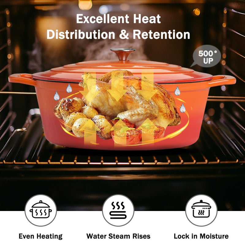 NSIRONS Enameled Oval Dutch Oven Pot with Lid, 8 QT Cast Iron Dutch Oven with Dual Handles for Cooking, Bread Baking, Frying, Non-stick Enamel Coated Oven (8 QT Orange) - Image 3