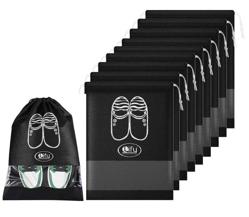Lify Portable Travel Shoe Bags Shoe Organizer Space Saving Storage Bags- 10 Piece Pack (Black 10 Pcs, 16 X 12'' Inches) - Image 1