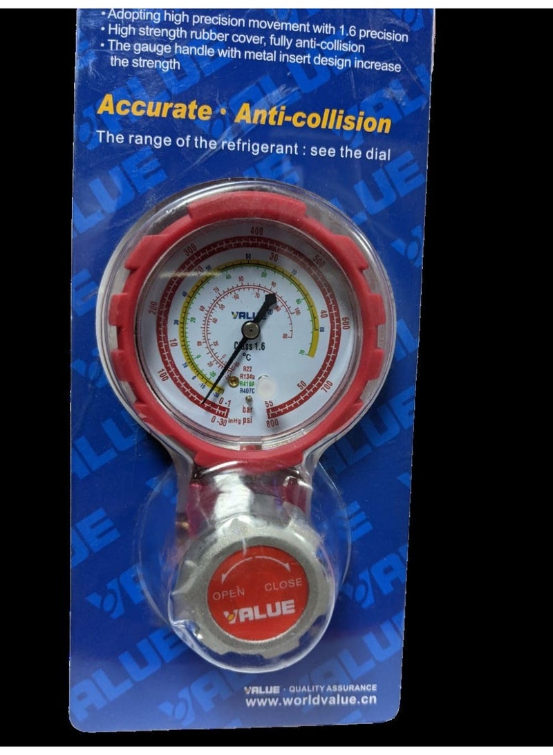 Value Refrigerant Pressure Gauge With Valve, HIGH Pressure Accurate Readings for R22, R134a, R410a, R407c - Image 1