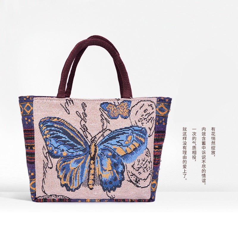 Gift Holiday Handbag Women'S Linen Canvas Double-Sided Retro Embroider Ethnic Style Hand-Carrying Small Cloth Bag Commuting - Image 1
