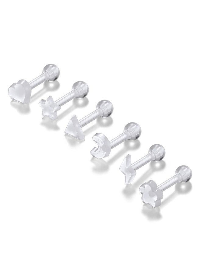 PiercingJ Clear Acrylic Cartilage Earrings 16G Plastic Tongue Tragus Ring Cute Heart Star Nose Lip Stud Barbell Black Helix Piercing Retainer for Sports Surgery Work, normal, Acrylic, no gemstone - Image 1