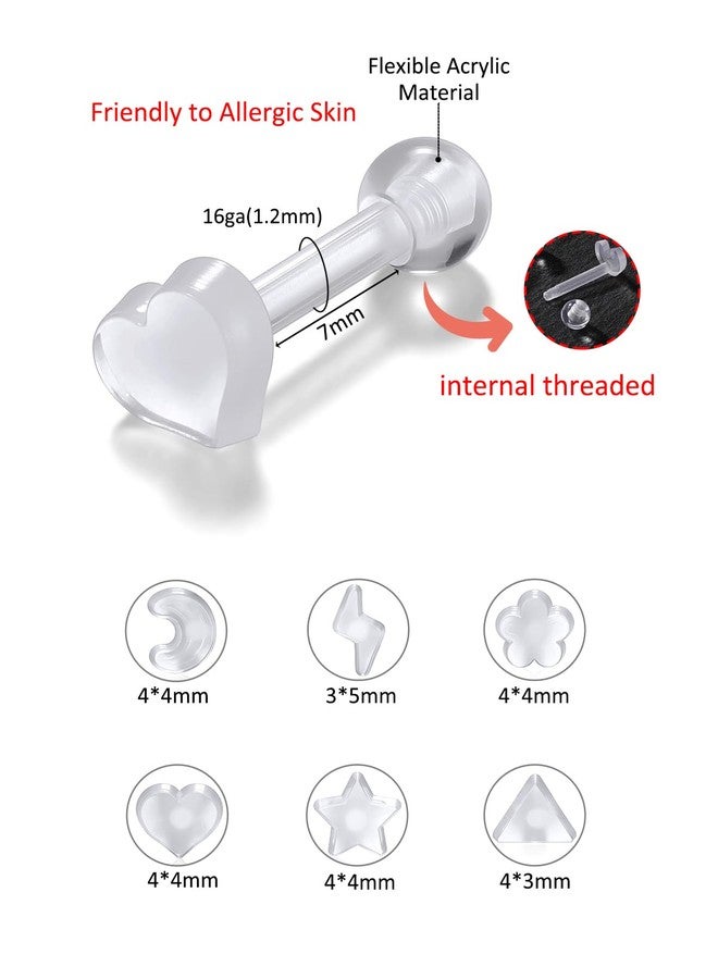 PiercingJ Clear Acrylic Cartilage Earrings 16G Plastic Tongue Tragus Ring Cute Heart Star Nose Lip Stud Barbell Black Helix Piercing Retainer for Sports Surgery Work, normal, Acrylic, no gemstone - Image 3