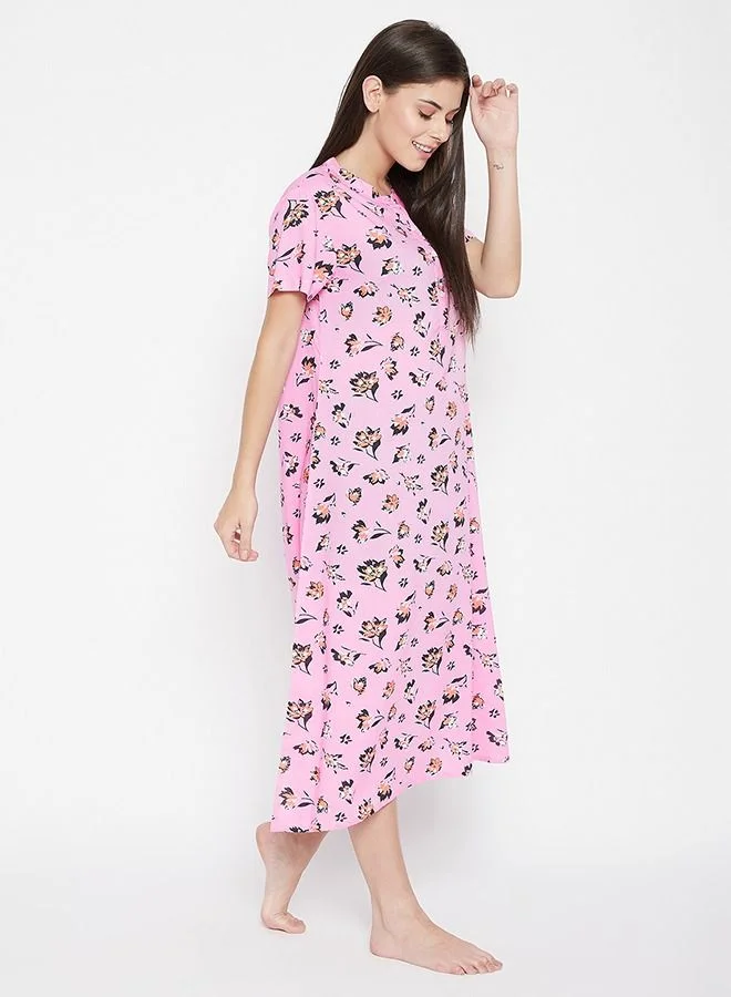 كلوفيا Clovia Pretty Florals Mid Length Nightdress with Side Slits in Baby Pink - Cotton Rich