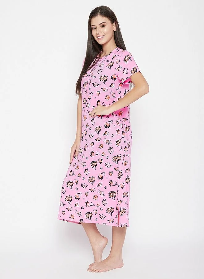 كلوفيا Clovia Pretty Florals Mid Length Nightdress with Side Slits in Baby Pink - Cotton Rich