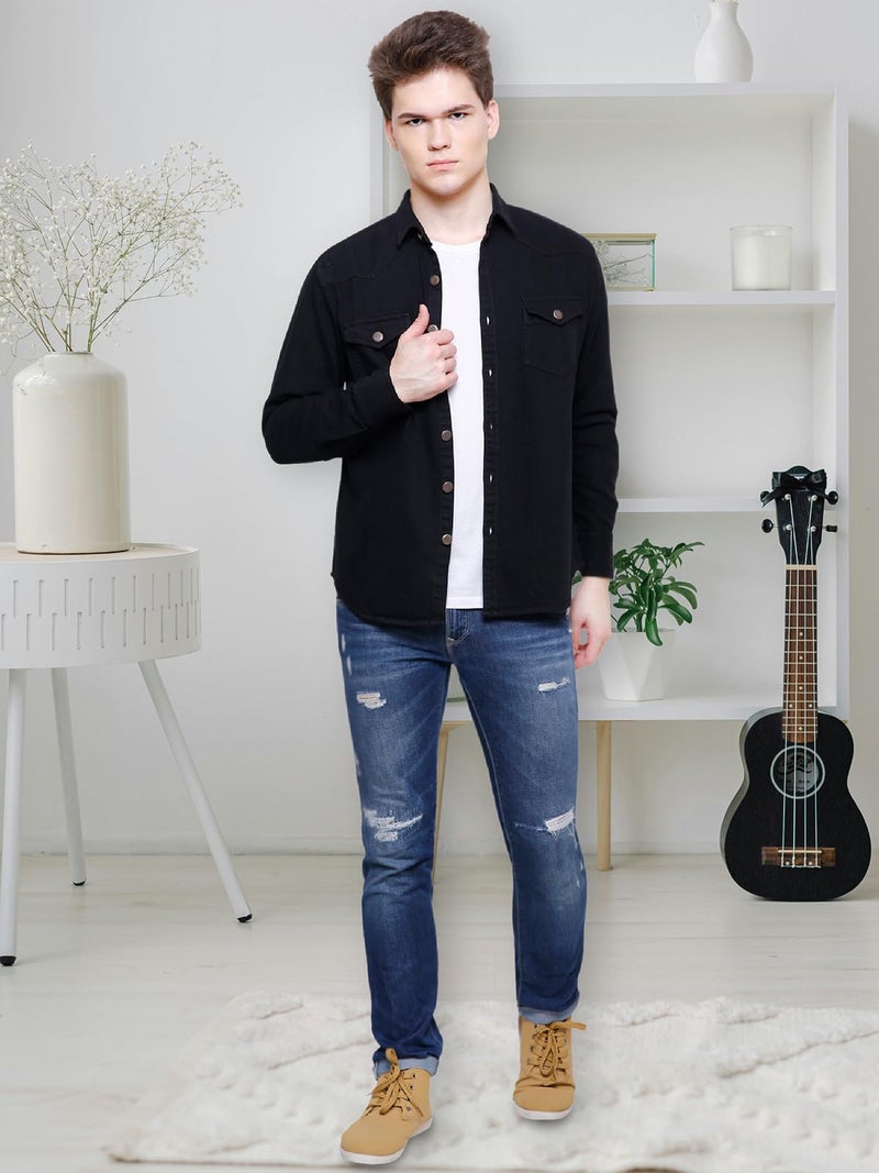 Kuons Avenue Men's Black Double Pocket Denim Shirt | Western Denim Shirt for Men (KACLFS1437XXL_Black_XX-Large) - Image 3