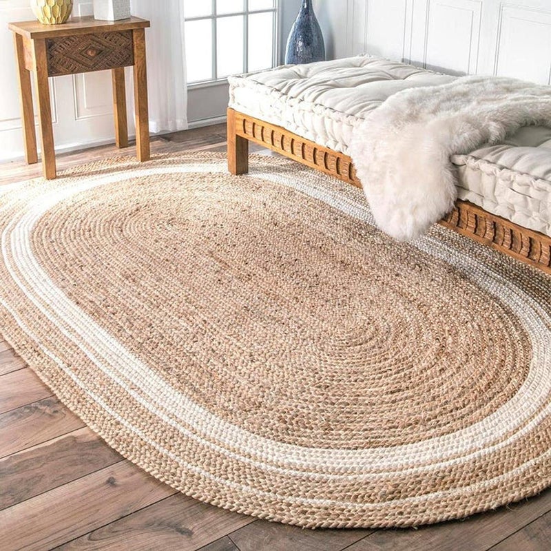 Alby Rugs Handwoven Jute Natural Fibres Oval Braided Reversible Rug for Bedroom LivingDining Room White Brown 3 x 5 ft  - Image 1
