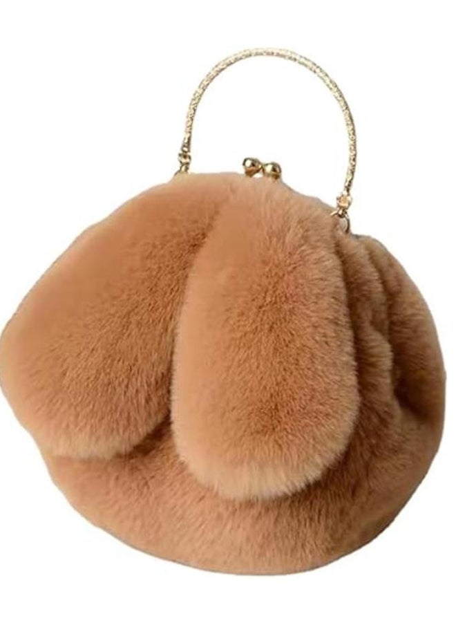 Executive LLC Cute Soft Rabbit Ear Sling Hand Bag With Smooth Zipper,Cross Body Bag For Girls,Clutch Purse with Gold Metal Chain Strap, Plush Side Bag, Shoulder hand Purse(Brown)  - Image 1
