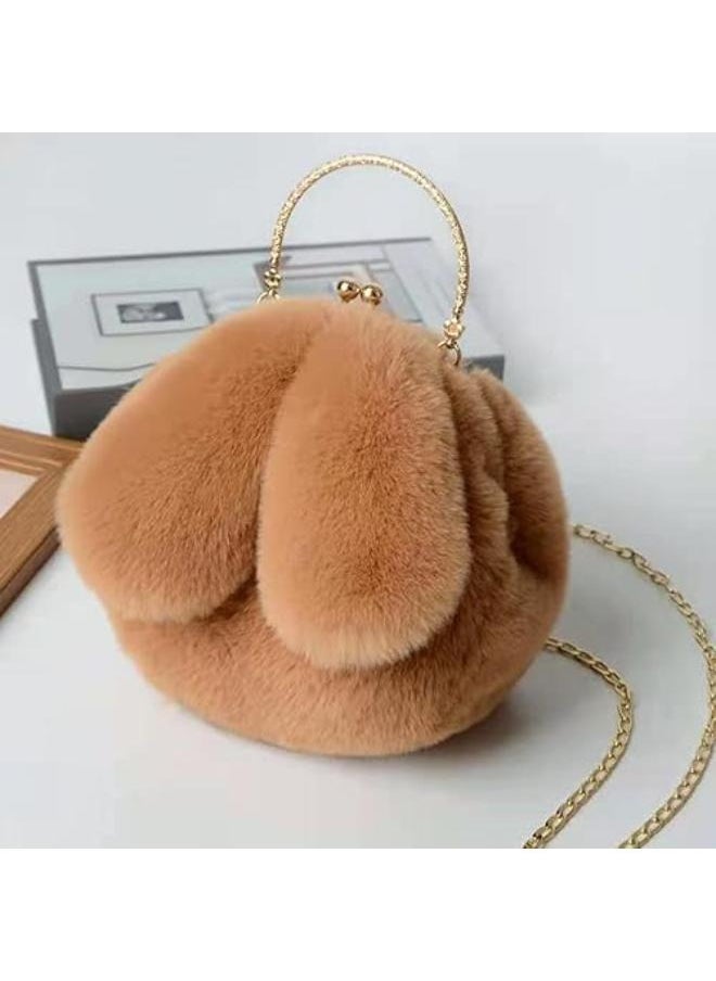 Executive LLC Cute Soft Rabbit Ear Sling Hand Bag With Smooth Zipper,Cross Body Bag For Girls,Clutch Purse with Gold Metal Chain Strap, Plush Side Bag, Shoulder hand Purse(Brown)  - Image 2