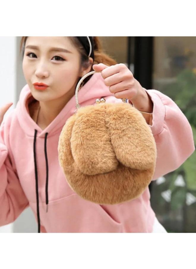Executive LLC Cute Soft Rabbit Ear Sling Hand Bag With Smooth Zipper,Cross Body Bag For Girls,Clutch Purse with Gold Metal Chain Strap, Plush Side Bag, Shoulder hand Purse(Brown)  - Image 4