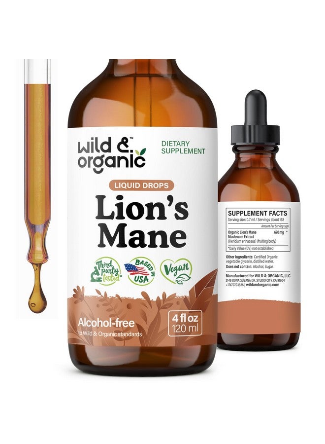 Wild & Organic Lions Mane Liquid Drops - Brain & Focus Support - Lion's Mane Mushroom Supplement - Hericium Erinaceus Mushroom Drops - Vegan, Sugar & Alcohol-Free Extract Tincture - 4 fl oz - Image 1