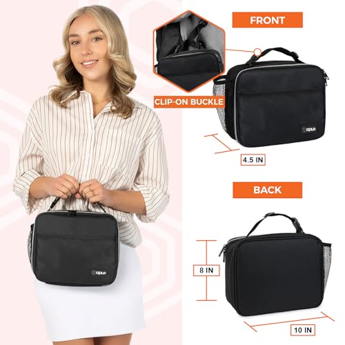 opux Insulated Lunch Bag Kids, Lunch Box for School Boy Girl, Leakproof Small Reusable Compact Soft Mini Cooler Bag, Toddler Small Lunch Boxes Kit Pail with Front Side Pockets (Black) - Image 2