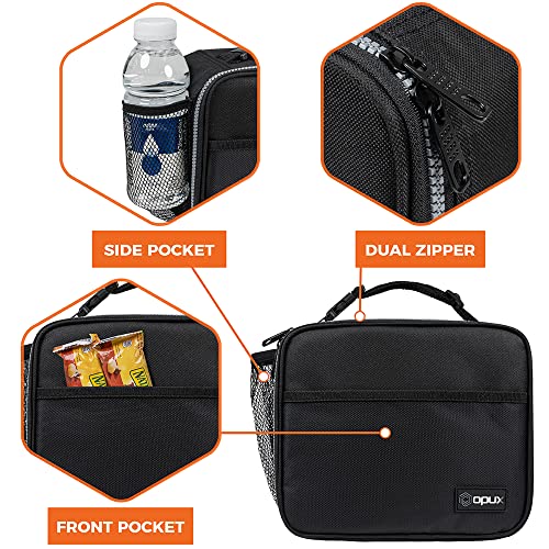 opux Insulated Lunch Bag Kids, Lunch Box for School Boy Girl, Leakproof Small Reusable Compact Soft Mini Cooler Bag, Toddler Small Lunch Boxes Kit Pail with Front Side Pockets (Black) - Image 4