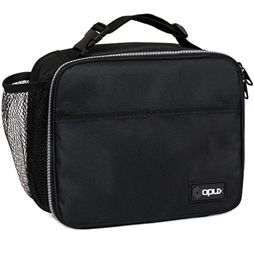 opux Insulated Lunch Bag Kids, Lunch Box for School Boy Girl, Leakproof Small Reusable Compact Soft Mini Cooler Bag, Toddler Small Lunch Boxes Kit Pail with Front Side Pockets (Black) - Image 1