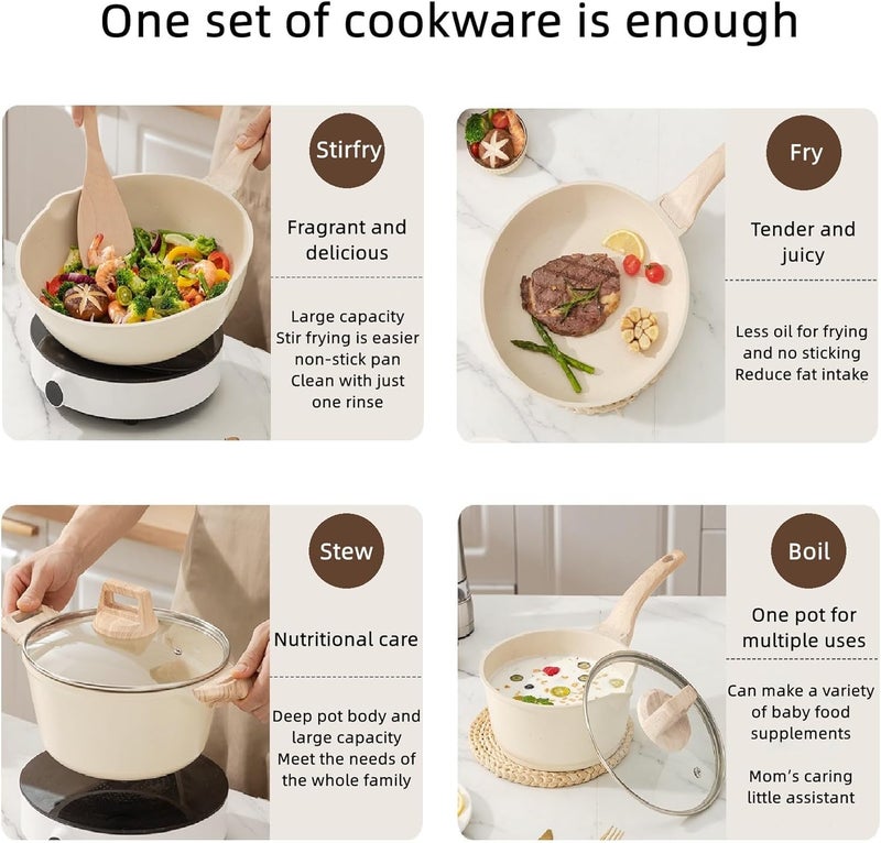 AoMige 10pcs Nonstick Pots and Pans Set,Kitchen Cookware Sets with Detachable Handle,Granite Induction Kitchen Cookware Set,Cooking Set with Frying Pans,Saucepans,Steamer,Wooden Shovel - Image 5