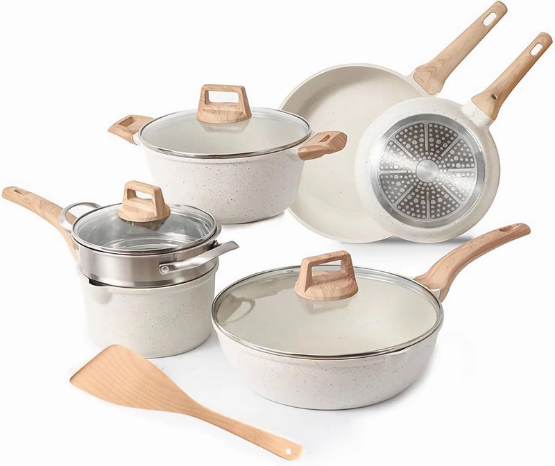 AoMige 10pcs Nonstick Pots and Pans Set,Kitchen Cookware Sets with Detachable Handle,Granite Induction Kitchen Cookware Set,Cooking Set with Frying Pans,Saucepans,Steamer,Wooden Shovel - Image 1