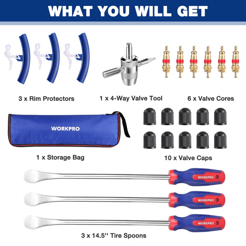 WORKPRO 14.5â€ Steel Tire Spoons Tool Set, 23-Piece Tire Iron Set with Storage Bag, Tire Removal Tools, Tire Changing Tools, Tire Repair Tools, Tire Levers for Motorcycle, Bicycle, Car and Lawn Mower - Image 3
