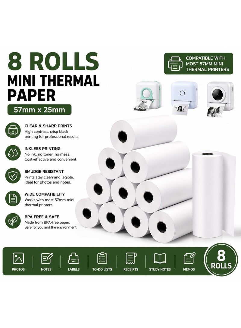 8 Rolls Mini Thermal Paper Refills 57mm x 25mm for Portable Pocket Thermal Printers | Inkless BPA-Free Printing Paper - Image 1
