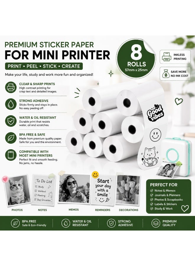 8 Rolls Mini Thermal Paper Refills 57mm x 25mm for Portable Pocket Thermal Printers | Inkless BPA-Free Printing Paper - Image 2