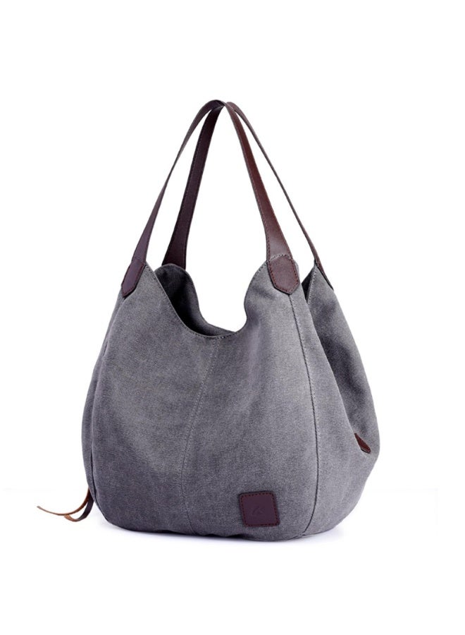 Women's Grey Canvas Multi-Pocket Hobo Shoulder Bag with PU Leather Handles - Image 1